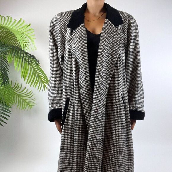 Vintage 90s Grunge Classy Streetwear Winter Full Houndstooth Dress Wool Coat /12 - Picture 4 of 9